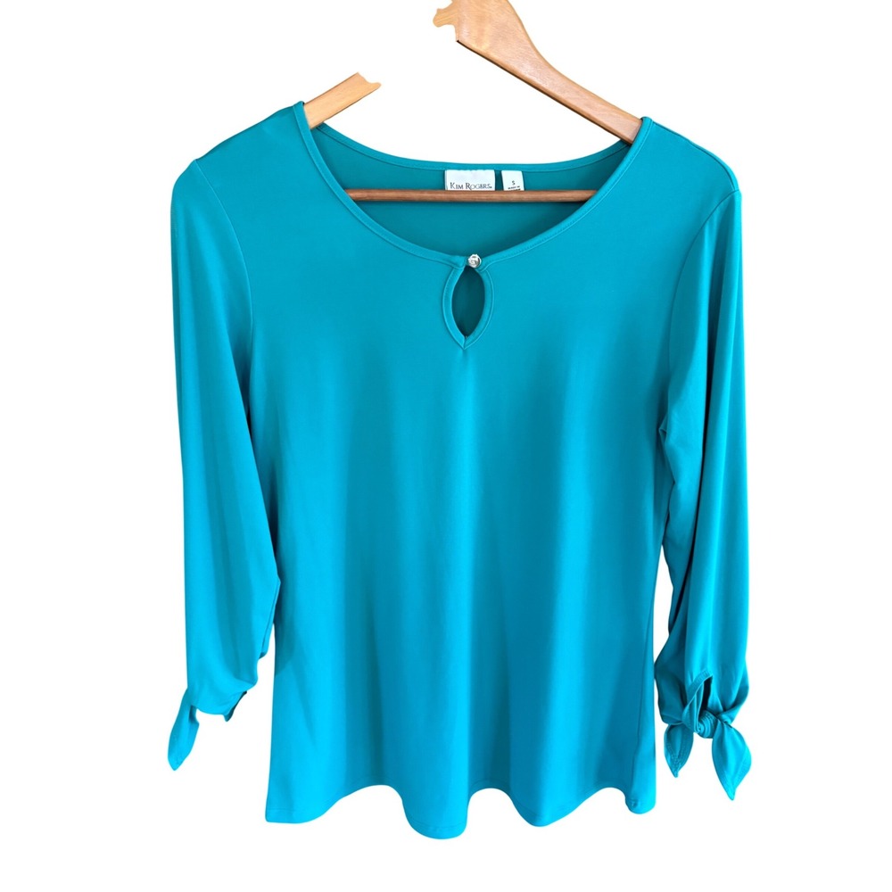 Kim Rogers Teal Blue Keyhole Tie Sleeve Blouse Womens Small 3/4 Sleeve Top